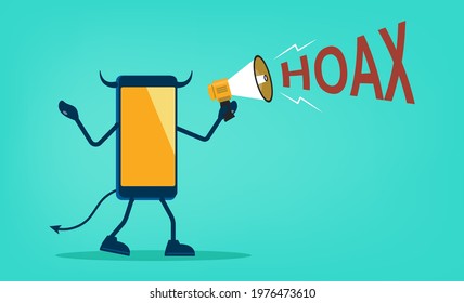 Smartphone character shouting using megaphone with hoax text concept. Hoax fake news or messages flat vector illustration.