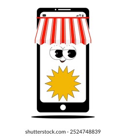 Personagem Smartphone com toldo loja e rosto bonito. Comprar telhado de listras vermelhas para o mercado no telefone celular. Ilustração vetorial em estilo groovy retrô no plano de fundo transparente