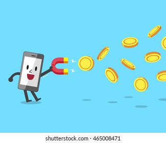 Personaje de smartphone que usa un imán para atraer dinero