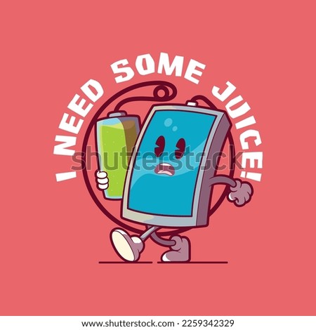 Smartphone character walking with a battery charging vector illustration. Energy, power, brand design concept.