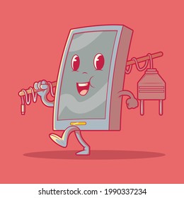 Smartphone character walking vector illustration. Battery, technology, electricity, funny design concept.