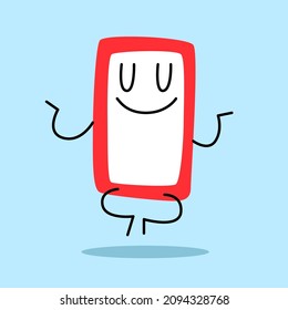 The smartphone character is in a zen pose. He is calm and smiling and meditating. Flying in yoga pose