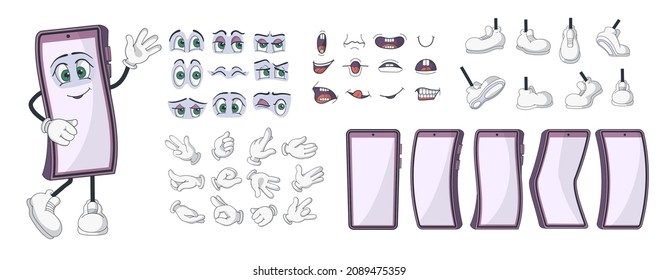 Smartphone characters kit. Cartoon phone animation construction kit with screen body, hands legs and face emotion elements. Vector set