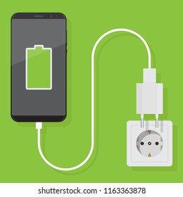 Smartphone charger adapter and electric socket, full battery notification, flat design illustration