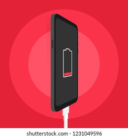 Smartphone charger adapter and electric socket, low battery notification. Vector stock illustration.
