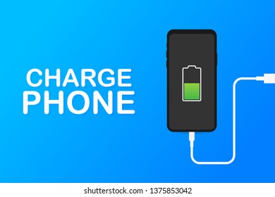 Smartphone charger adapter and electric socket, low battery notification. Vector stock illustration.