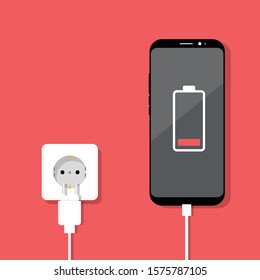 Smartphone charger adapter and electric socket, notification of the battery being charged, flat design illustration - Vector