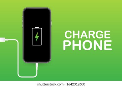 Smartphone charger adapter and electric socket, low battery notification. Vector stock illustration.