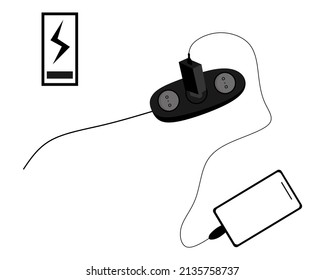 Adaptador de cargador de Smartphone y enchufe eléctrico, notificación de baja batería, ilustración de diseño plano