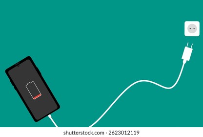 Adaptador de cargador de smartphone y enchufe eléctrico, notificación de la batería que se carga, ilustración de diseño plano - Vector
