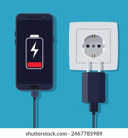 Smartphone and charger adapter. Low battery, addiction. Phone is charging from wall outlet. Vector illustration in flat style