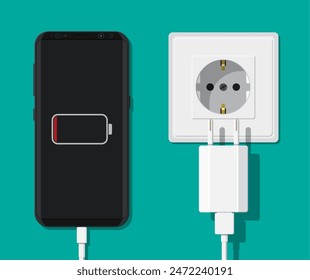 Adaptador para smartphone y cargador. Batería baja, adicción. El teléfono se está cargando desde la toma de pared. Ilustración vectorial en estilo plano