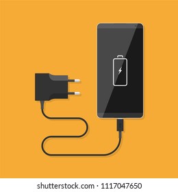 Smartphone and charger adapter. Vector illustration in flat style