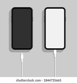 Smartphone with charger cable. Concept of charging mobile phone. Vector illustration