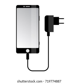 Smartphone With Charger. Handy Gadget. Modern Device. Isolated Silhouette Of Phone. White Glare Screen. Connect The Charger, Plug In.