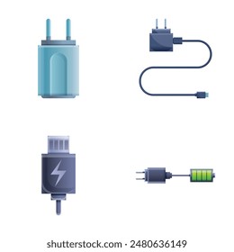 Iconos del cargador del teléfono inteligente conjunto de Vector de dibujos animados. Varios tipos de cargador de teléfono. Dispositivo para móvil