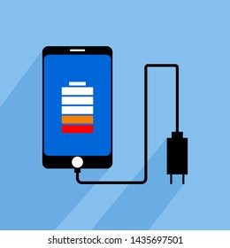 Smartphone and charger on a light blue background.