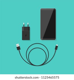 Smartphone and charger, USB cable. Vector illustration in a flat style