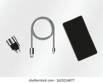 Smartphone, charger and usb cable. Vector illustration.
