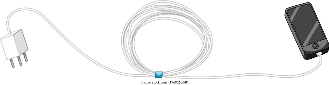 Smartphone with charging adapter and cable on white background illustration