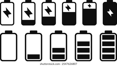 Smartphone charging battery icon set. battery level indicator icons. Concept power, energy, low , full, empty sign. battery charge levels