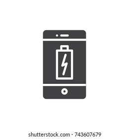 Smartphone charging battery icon vector, filled flat sign, solid pictogram isolated on white. Phone low battery symbol, logo illustration.