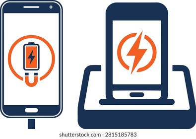 Smartphone charging, battery indicator, mobile phone charging, wireless charging, power icon.