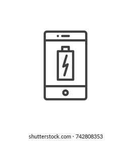 Smartphone charging battery line icon, outline vector sign, linear style pictogram isolated on white. Phone low battery symbol, logo illustration. Editable stroke