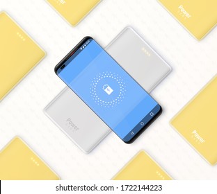 Smartphone is charging by wireless power bank. Many yellow power banks lies around. Square banner. Vector illustration.
