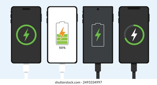 Smartphone con enchufe de cable de carga y interfaz de pantalla de carga en diferentes estilos planos.