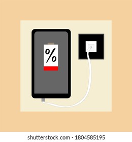 El Smartphone está cargando. Concepto de batería baja. Carga la batería en el enchufe, concepto de negocio. 