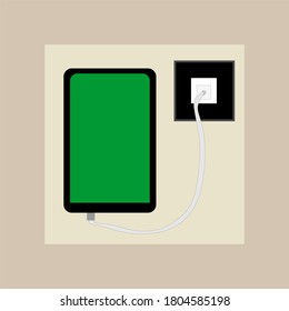 El Smartphone está cargando. Concepto de batería baja. Carga la batería en el enchufe, concepto de negocio. 