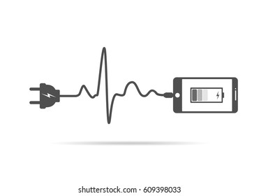 Smartphone charging connect to power plug. Charging a mobile phone with a cable in shape of heartbeat. Vector illustration.