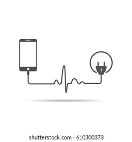 Smartphone charging connect to power plug. Charging a mobile phone with a cable in shape of heartbeat. Vector illustration.