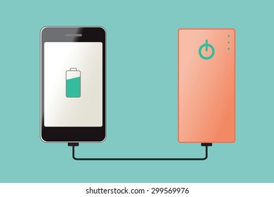 Smartphone charging connect to powerbank, vector illustration icon.