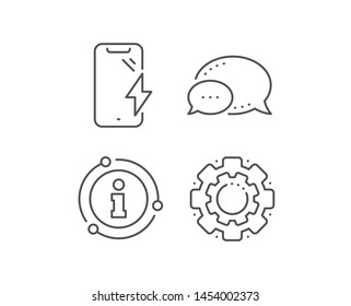 Smartphone charging line icon. Chat bubble, info sign elements. Phone charge sign. Mobile device energy symbol. Linear smartphone charging outline icon. Information bubble. Vector