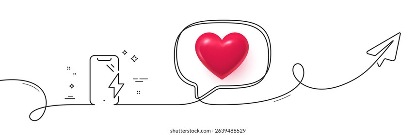 Smartphone charging line icon. Continuous line with share plane. Phone charge sign. Mobile device energy symbol. 3d heart in speech bubble. Smartphone charging single line ribbon. Vector