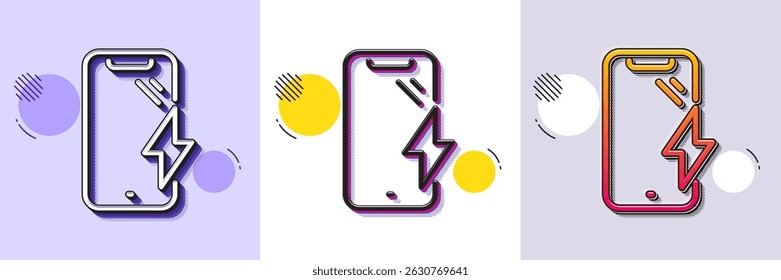 Smartphone charging line icon. Halftone dotted pattern. Gradient icon with grain shadow. Phone charge sign. Mobile device energy symbol. Line smartphone charging icon. Various designs. Vector