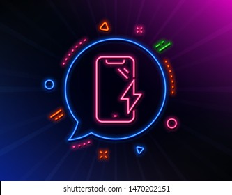 Smartphone charging line icon. Neon laser lights. Phone charge sign. Mobile device energy symbol. Glow laser speech bubble. Neon lights chat bubble. Banner badge with smartphone charging icon. Vector