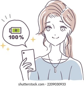 Smartphone charging perfect 100% peace of mind female illustration material