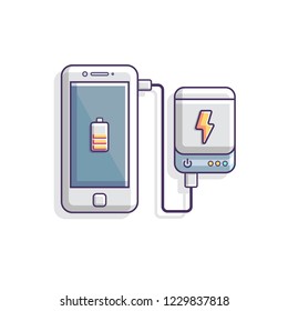 Smartphone is charging with power bank vector illustration, battery flat vector, mobile charging by power bank