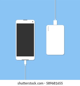 Smartphone is charging with power bank. Vector illustration