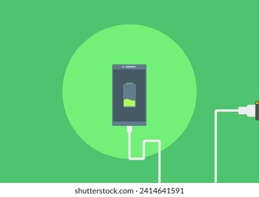 Carga de Smartphone con enchufe de alimentación en fondo azul. Ilustración vectorial.