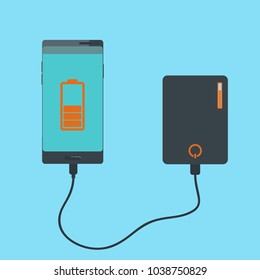 Smartphone charging with powerbank flat vector picture. Power bank