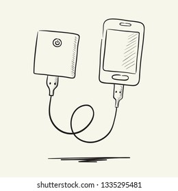 Smartphone charging via power bank. Hand drawn vector illustration.