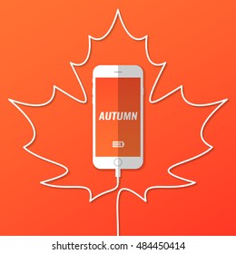 Smartphone. Charging. Wire. Silhouette of the maple leaf. Autumn.