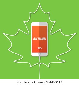 Smartphone. Charging. Wire. Silhouette of the maple leaf. Autumn.