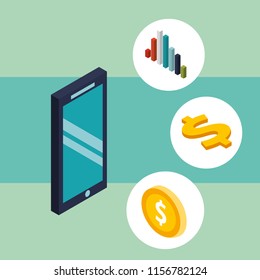 smartphone chart coin currency and dollar money isometric
