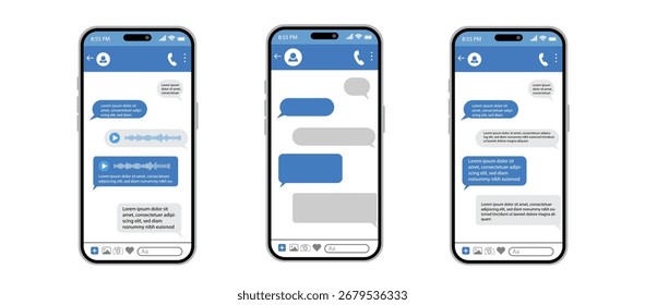 App de chat de teléfono inteligente UI Plantilla con burbujas de mensajes azules Vector de pantalla de conversación moderna.