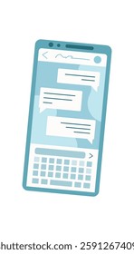 Smartphone with chat application on screen. Digital messaging platform for user communication. Mobile device showcasing conversation bubbles, social media context, flat visual format, digital media